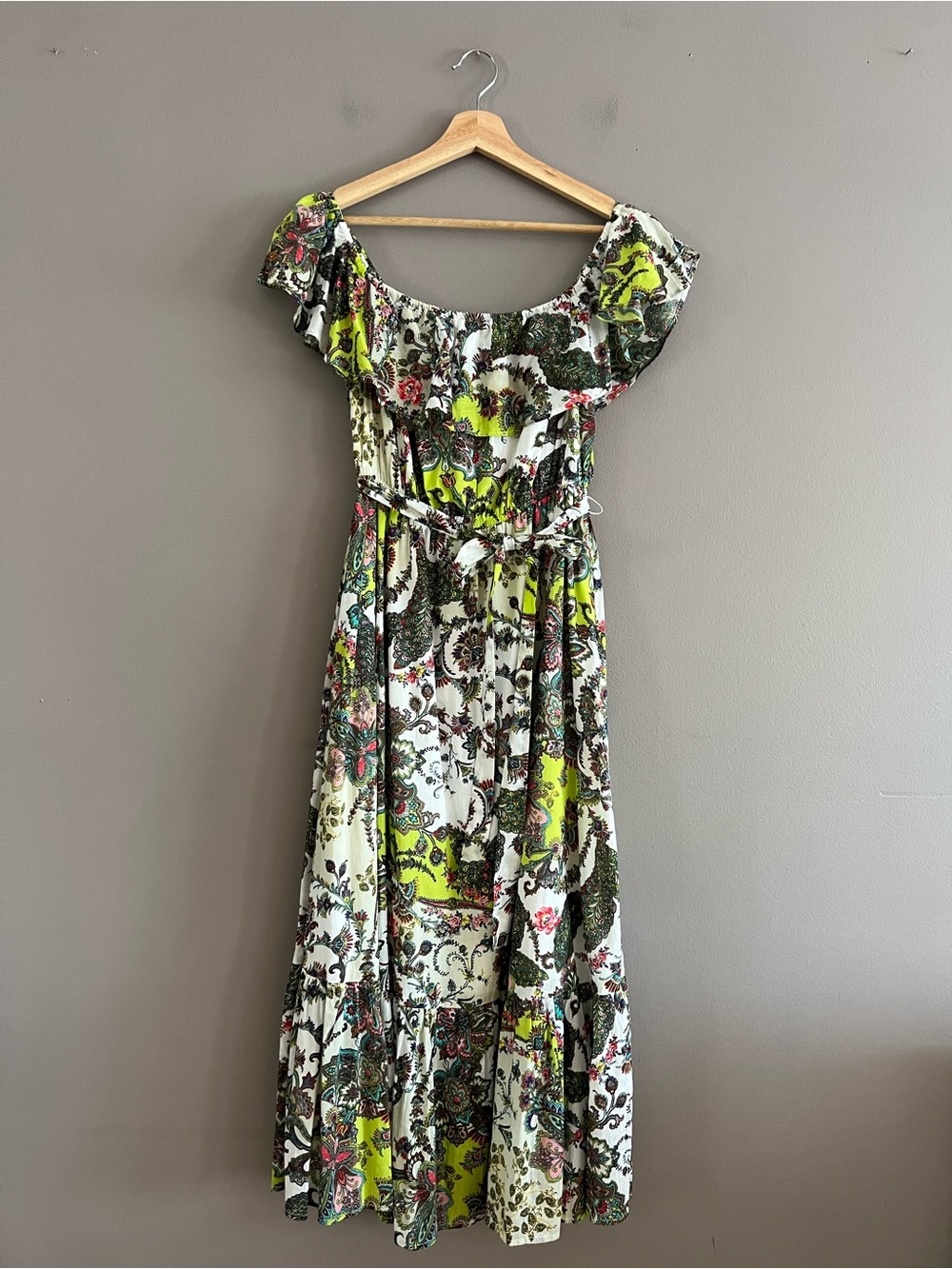 Grace Elements Off Shoulder Floral Maxi Dress Tie Waist Tiered Ruffle Multi Sz M